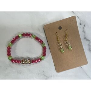 handmade‎ beaded dainty dangle earrings and bracelet set pink green and gold